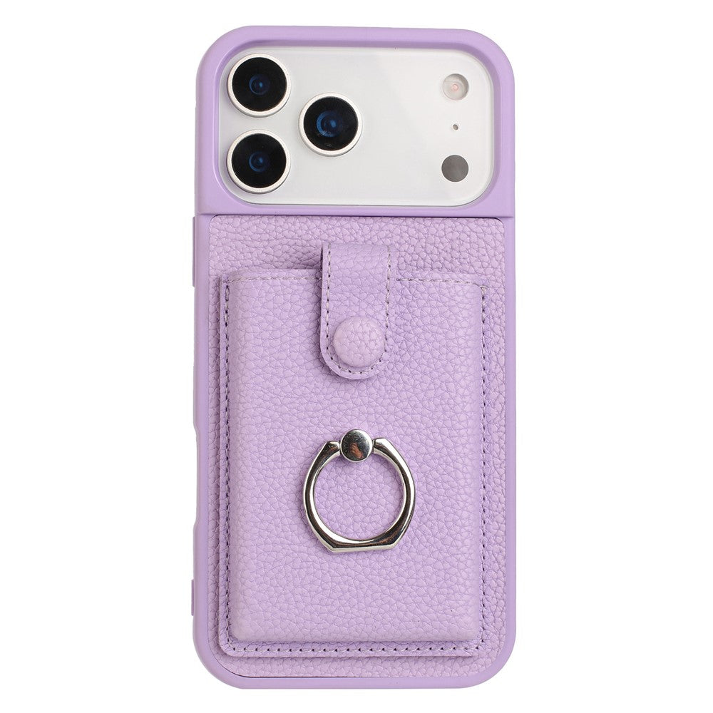 For iPhone 17 Pro Max Case with Ring Kickstand Drawing Type Card Slots Leather Back Cover - Purple