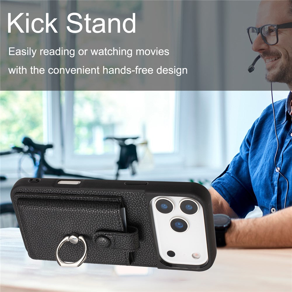 For iPhone 17 Pro Max Case with Ring Kickstand Drawing Type Card Slots Leather Back Cover - Purple