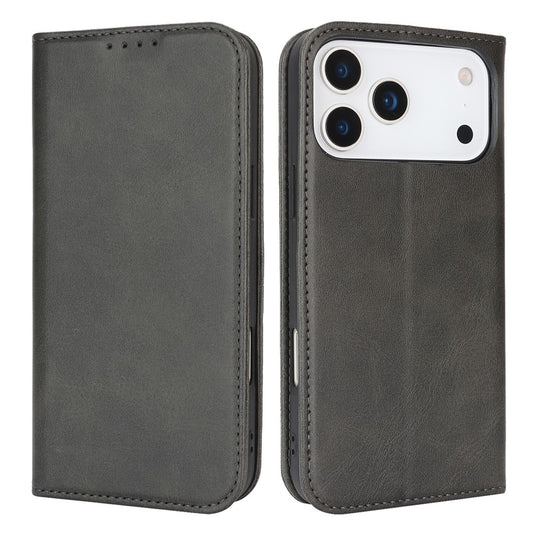 For iPhone 17 Pro Max Case PU Leather Calf Textured Magnetic Closing Smart Phone Cover - Black