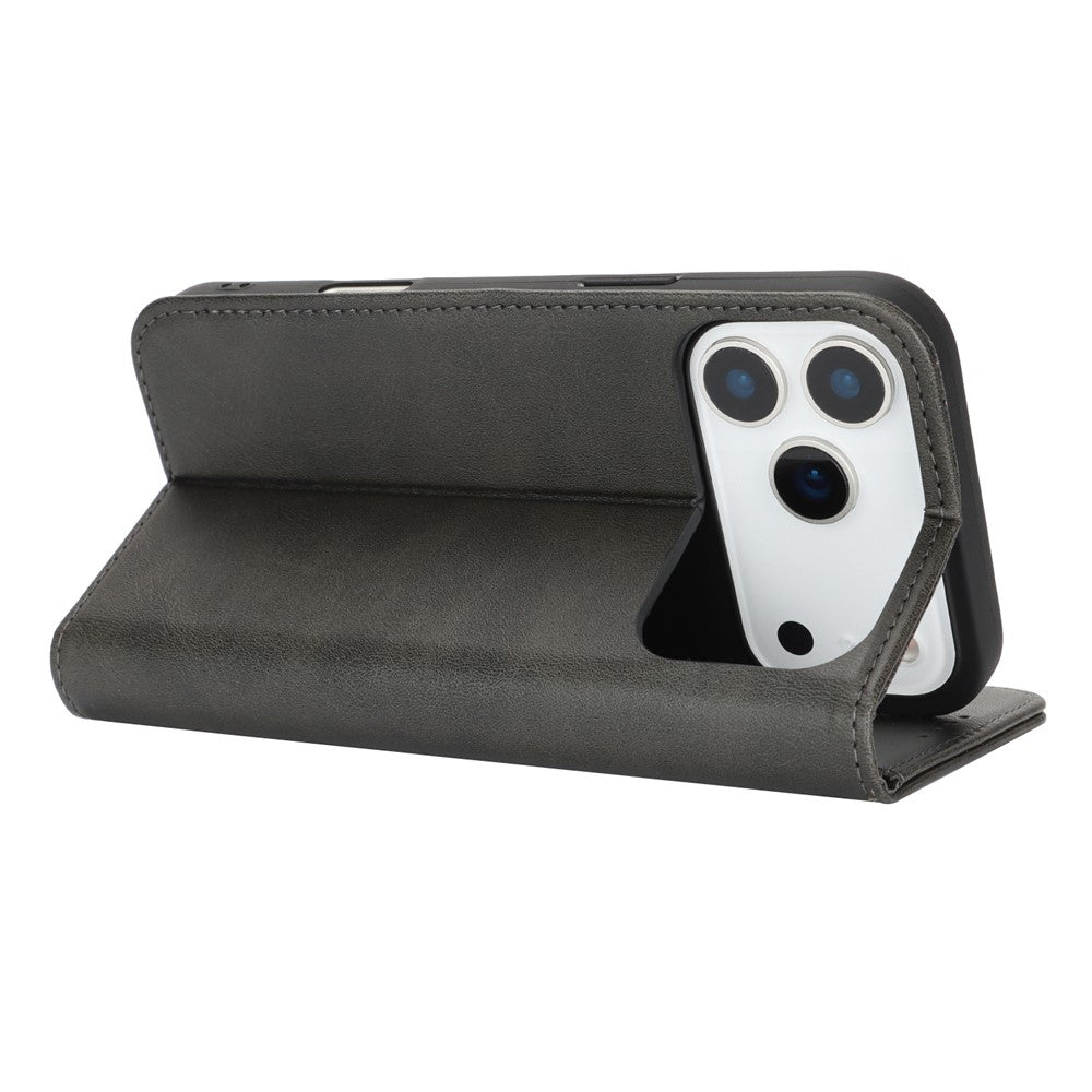 For iPhone 17 Pro Max Case PU Leather Calf Textured Magnetic Closing Smart Phone Cover - Black