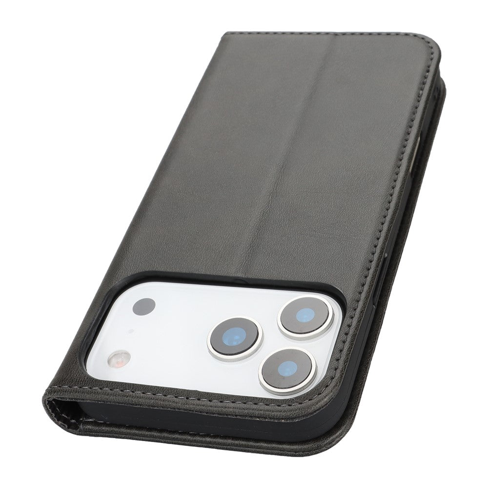 For iPhone 17 Pro Max Case PU Leather Calf Textured Magnetic Closing Smart Phone Cover - Black
