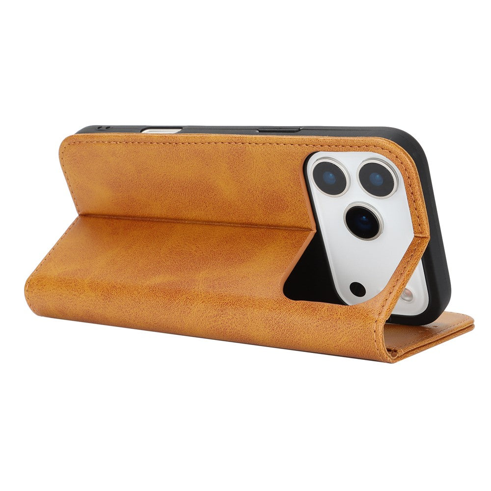 For iPhone 17 Pro Max Case PU Leather Calf Textured Magnetic Closing Smart Phone Cover - Light Brown