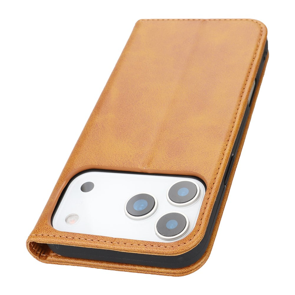For iPhone 17 Pro Max Case PU Leather Calf Textured Magnetic Closing Smart Phone Cover - Light Brown