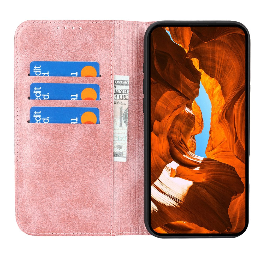 For iPhone 17 Pro Max Case PU Leather Calf Textured Magnetic Closing Smart Phone Cover - Rose Gold