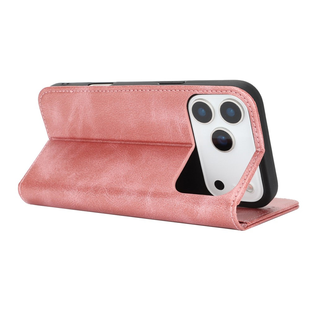 For iPhone 17 Pro Max Case PU Leather Calf Textured Magnetic Closing Smart Phone Cover - Rose Gold