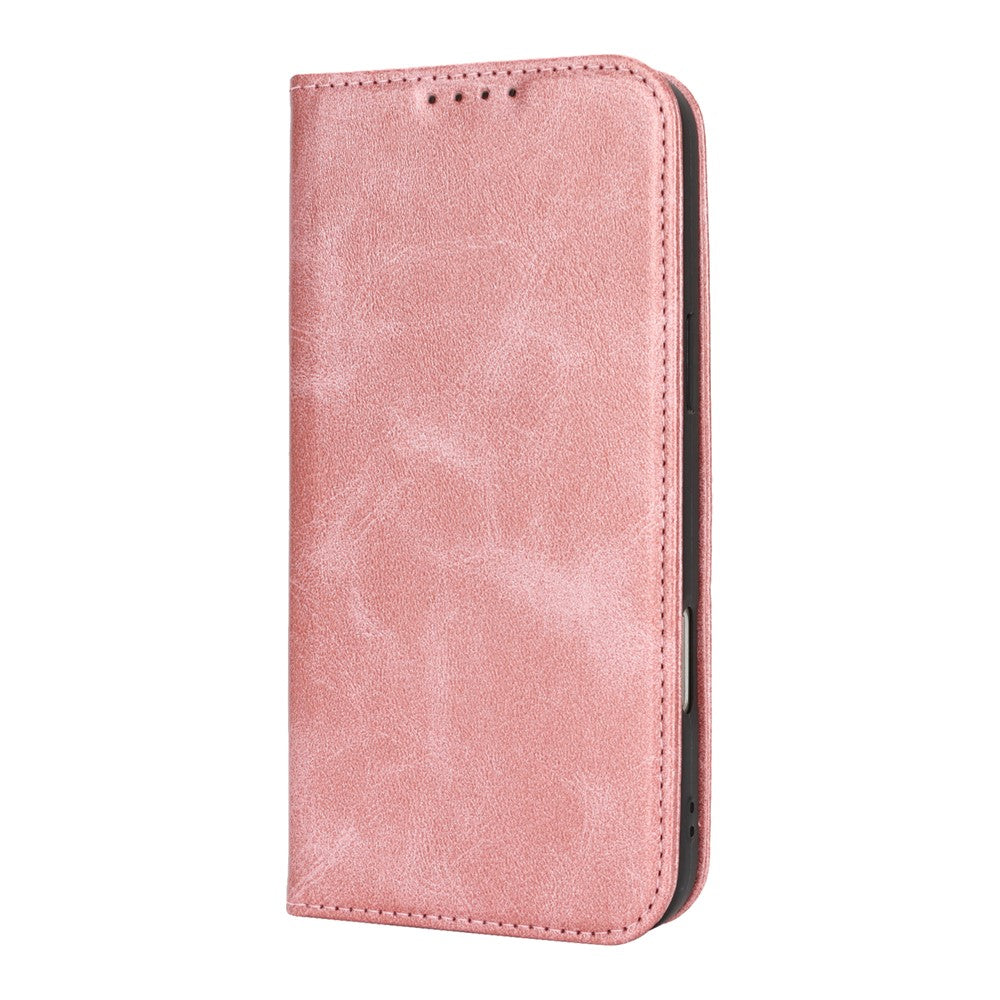 For iPhone 17 Pro Max Case PU Leather Calf Textured Magnetic Closing Smart Phone Cover - Rose Gold