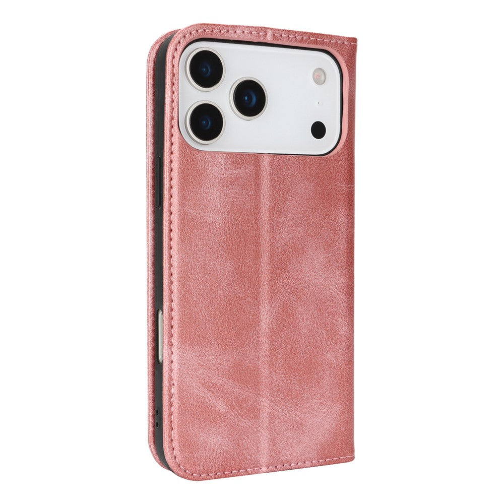 For iPhone 17 Pro Max Case PU Leather Calf Textured Magnetic Closing Smart Phone Cover - Rose Gold