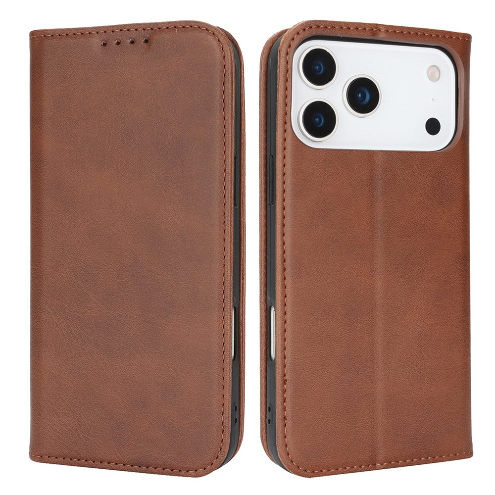 For iPhone 17 Pro Max Case PU Leather Calf Textured Magnetic Closing Smart Phone Cover - Dark Brown