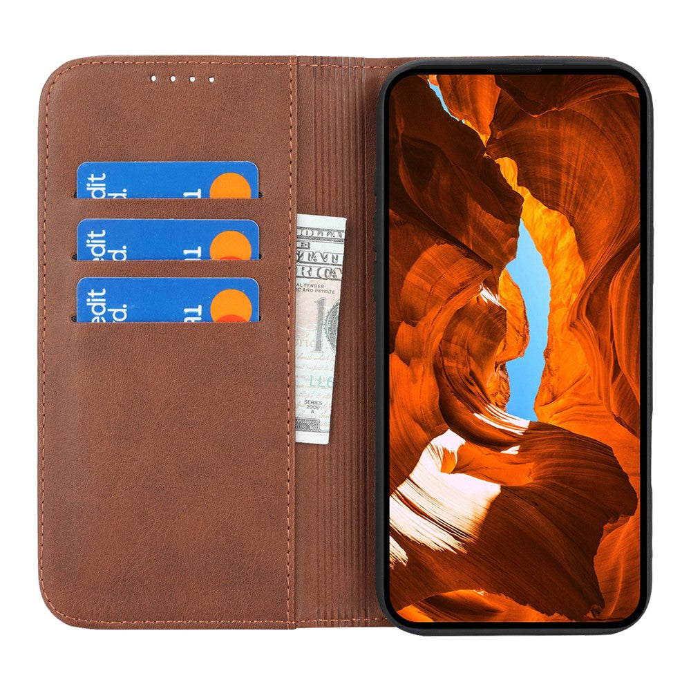 For iPhone 17 Pro Max Case PU Leather Calf Textured Magnetic Closing Smart Phone Cover - Dark Brown