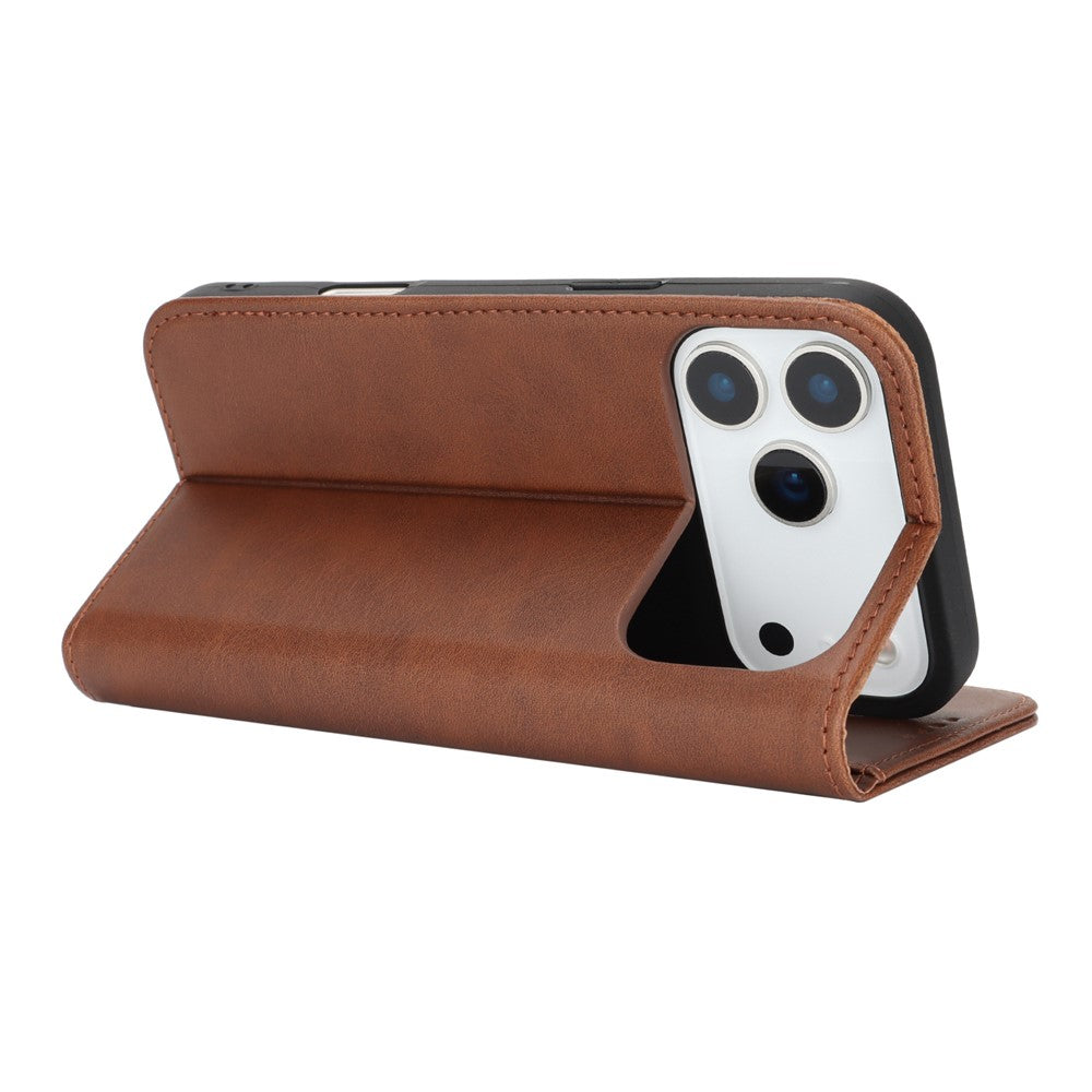 For iPhone 17 Pro Max Case PU Leather Calf Textured Magnetic Closing Smart Phone Cover - Dark Brown