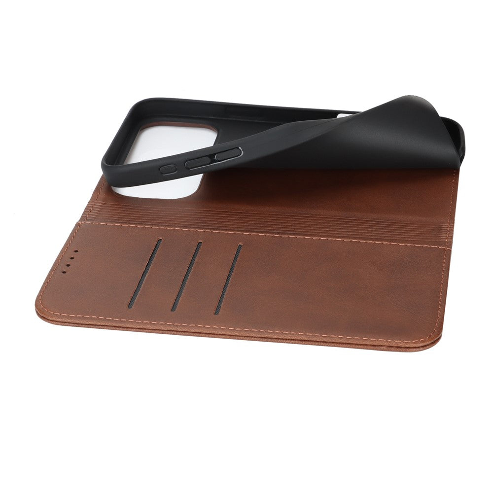 For iPhone 17 Pro Max Case PU Leather Calf Textured Magnetic Closing Smart Phone Cover - Dark Brown