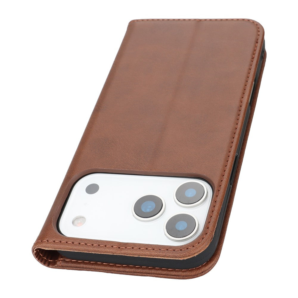 For iPhone 17 Pro Max Case PU Leather Calf Textured Magnetic Closing Smart Phone Cover - Dark Brown