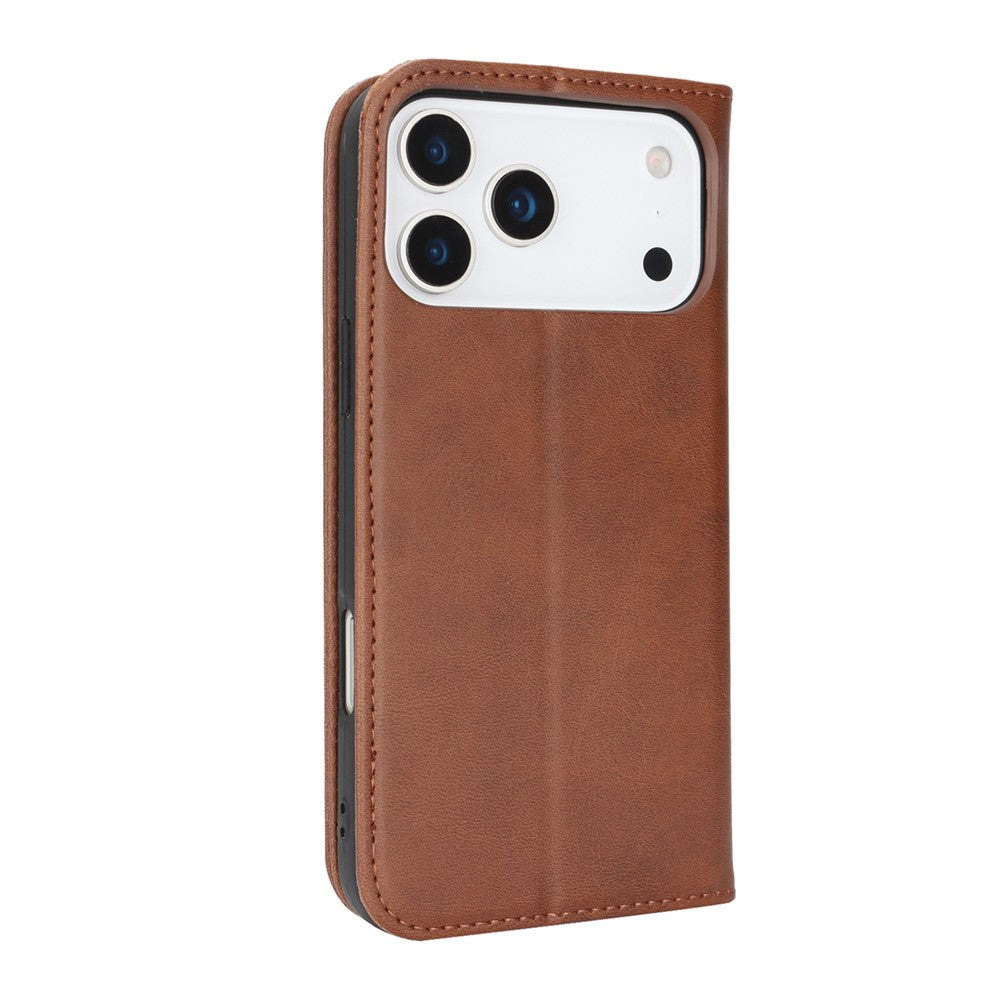 For iPhone 17 Pro Max Case PU Leather Calf Textured Magnetic Closing Smart Phone Cover - Dark Brown