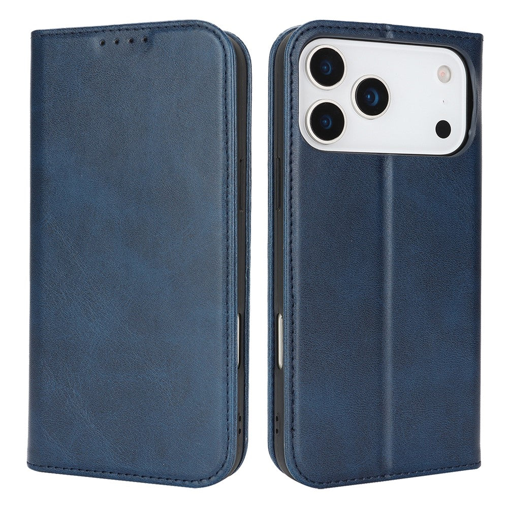 For iPhone 17 Pro Max Case PU Leather Calf Textured Magnetic Closing Smart Phone Cover - Dark Blue