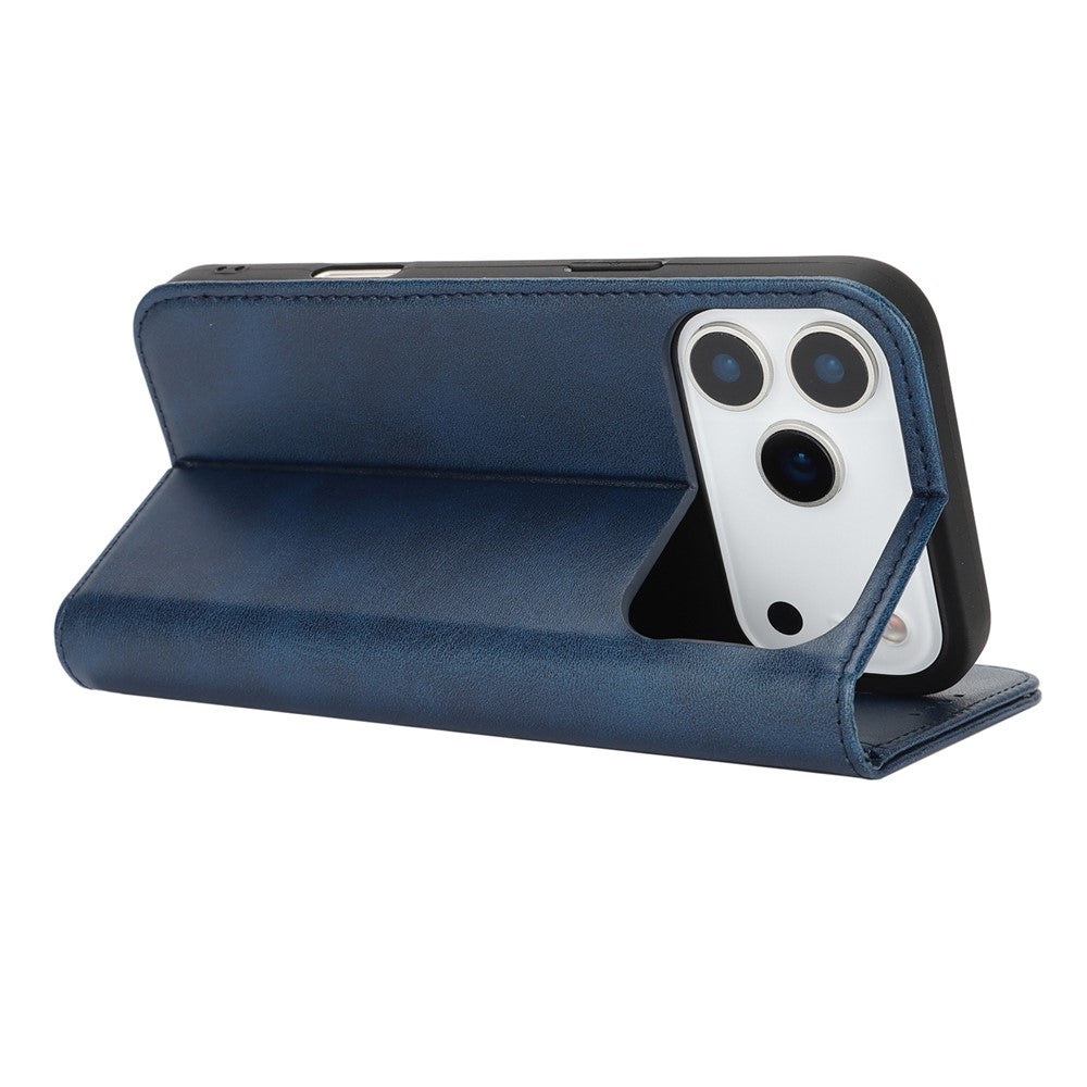 For iPhone 17 Pro Max Case PU Leather Calf Textured Magnetic Closing Smart Phone Cover - Dark Blue