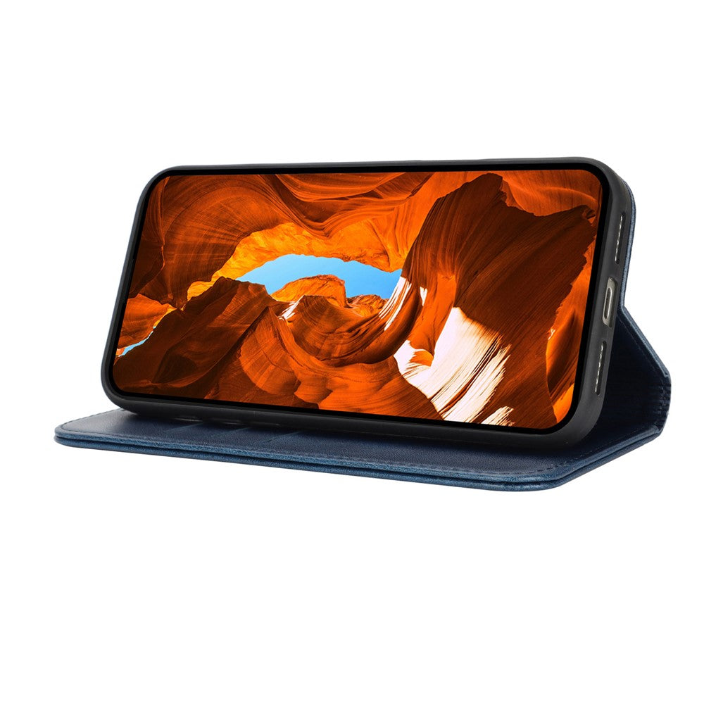 For iPhone 17 Pro Max Case PU Leather Calf Textured Magnetic Closing Smart Phone Cover - Dark Blue