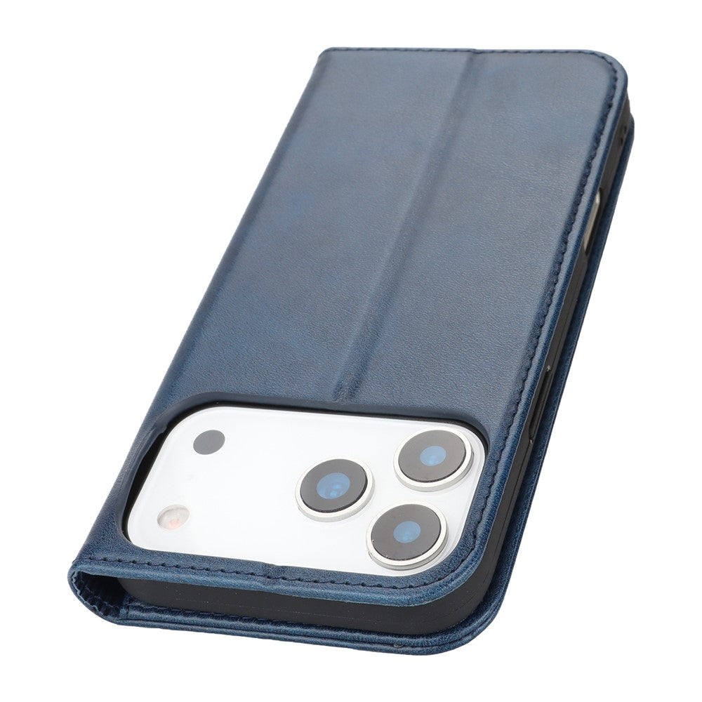 For iPhone 17 Pro Max Case PU Leather Calf Textured Magnetic Closing Smart Phone Cover - Dark Blue