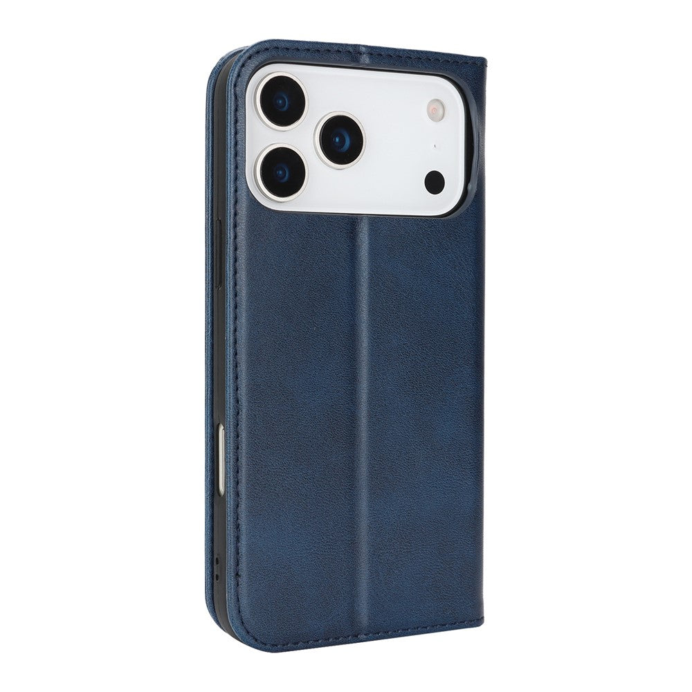 For iPhone 17 Pro Max Case PU Leather Calf Textured Magnetic Closing Smart Phone Cover - Dark Blue