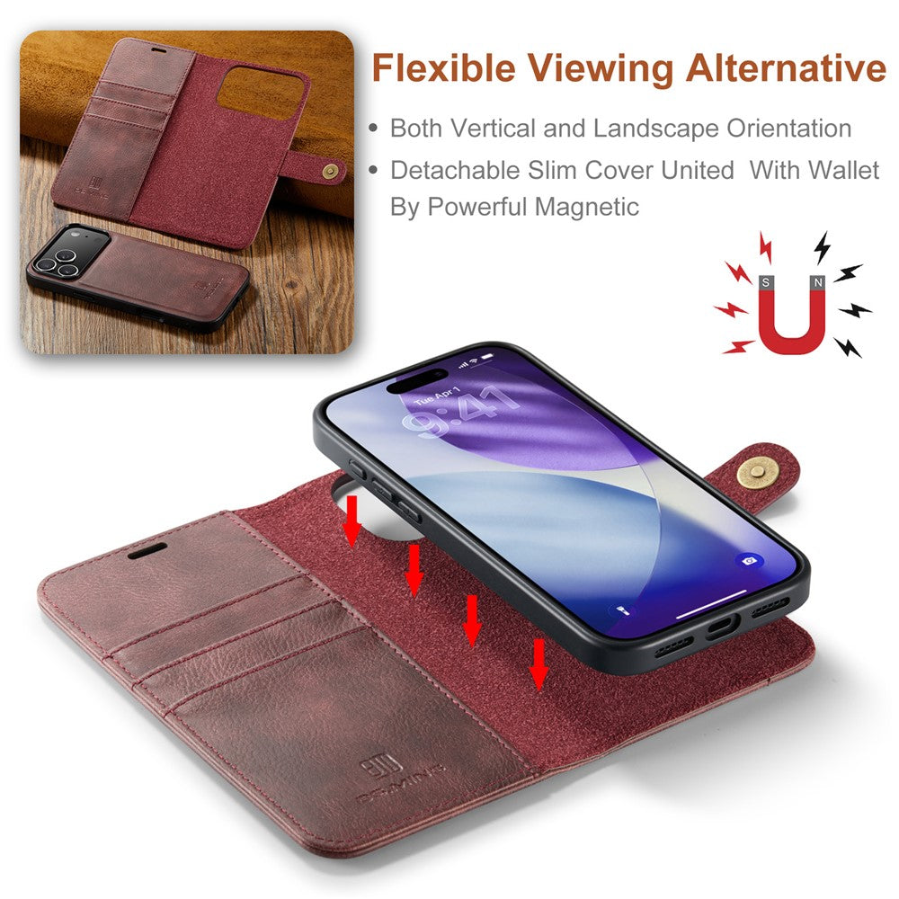 DG.MING for iPhone 17 Pro Max Case Detachable Split Leather Phone Cover - Red
