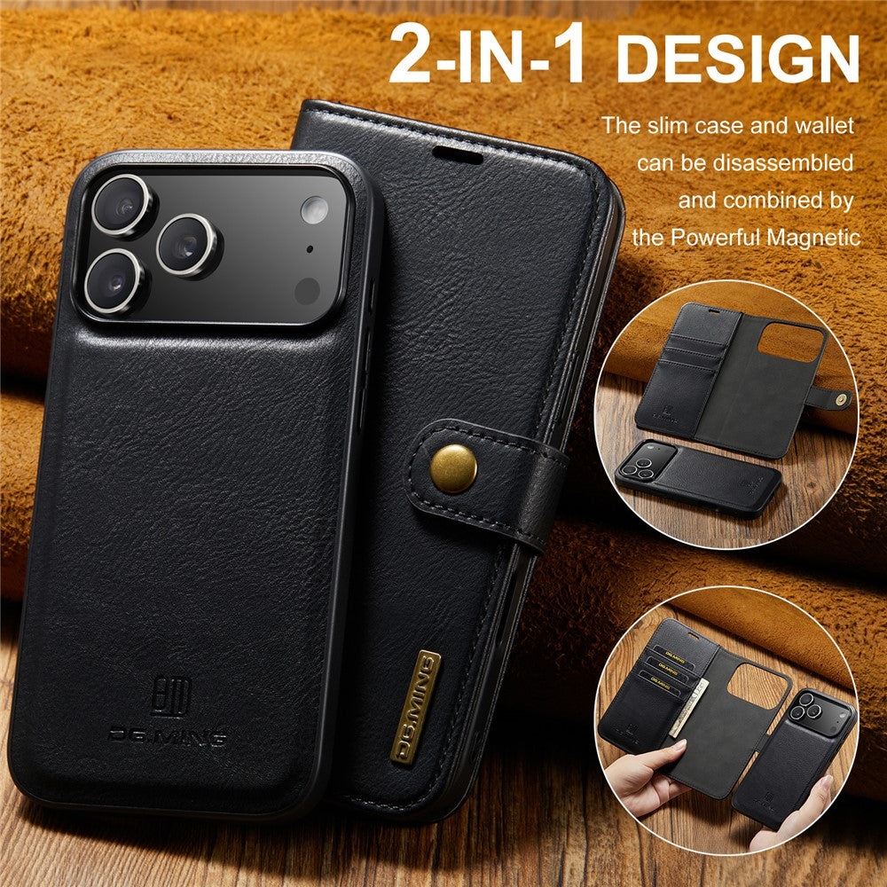 DG.MING for iPhone 17 Pro Max Case Detachable Split Leather Phone Cover - Black