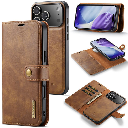 DG.MING for iPhone 17 Pro Max Case Detachable Split Leather Phone Cover - Brown