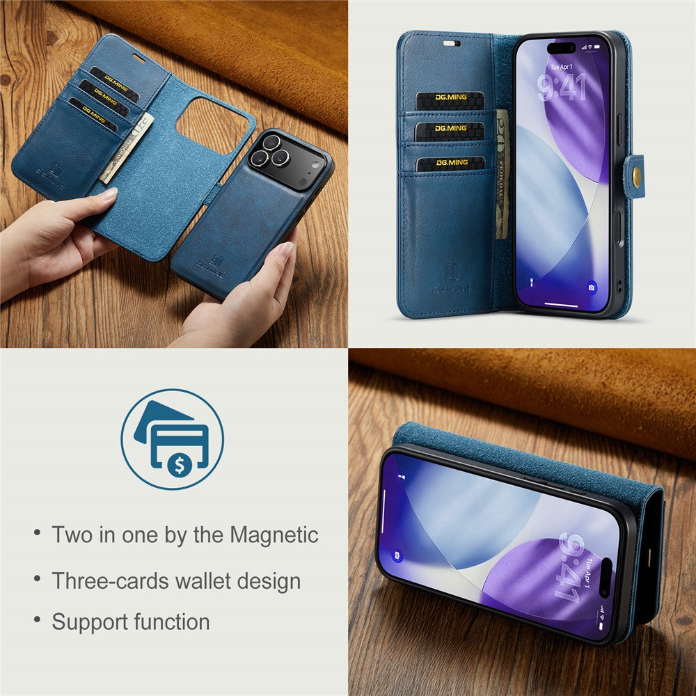DG.MING for iPhone 17 Pro Max Case Detachable Split Leather Phone Cover - Blue