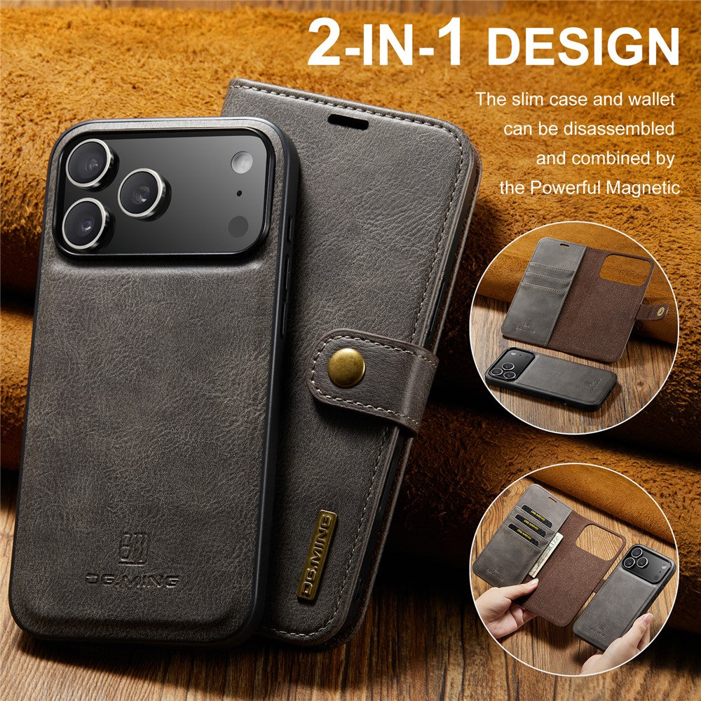 DG.MING for iPhone 17 Pro Max Case Detachable Split Leather Phone Cover - Grey