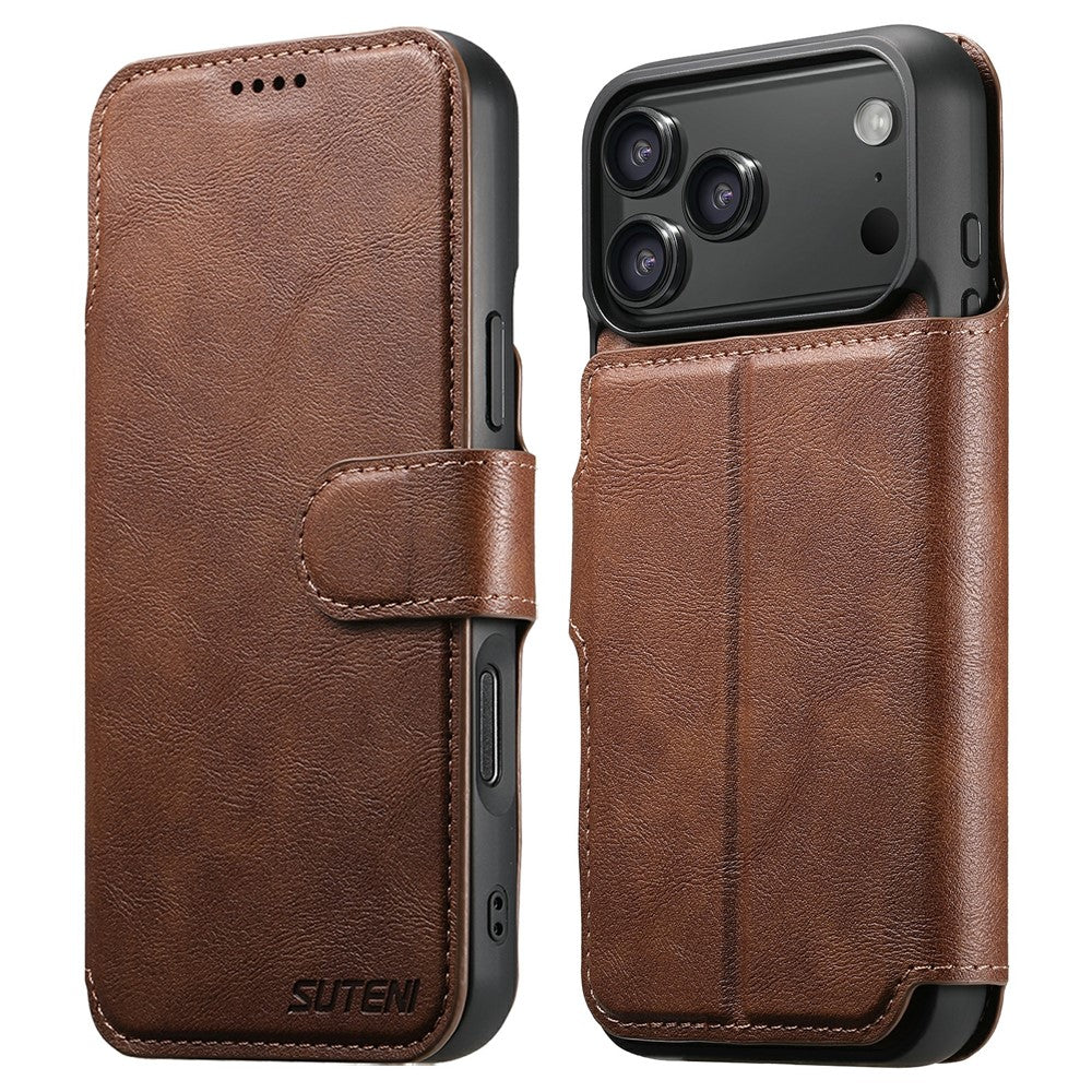 SUTENI Q-05 For iPhone 17 Pro Max Wallet Case 2 in 1 Detachable Leather Flip Phone Cover with Stand - Brown