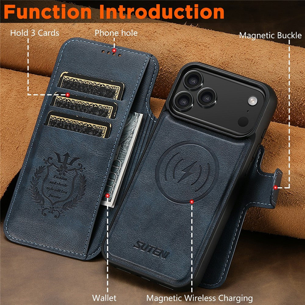 SUTENI Q-05 For iPhone 17 Pro Max Wallet Case 2 in 1 Detachable Leather Flip Phone Cover with Stand - Blue