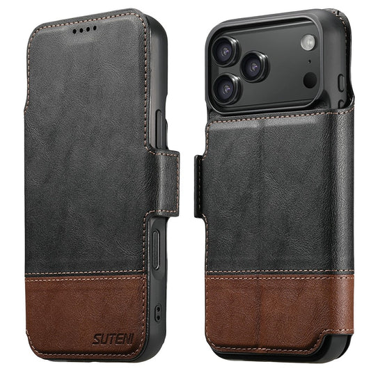 SUTENI Q-06 For iPhone 17 Pro Max Case Color Splicing Magnetic Detachable Leather Phone Cover - Black