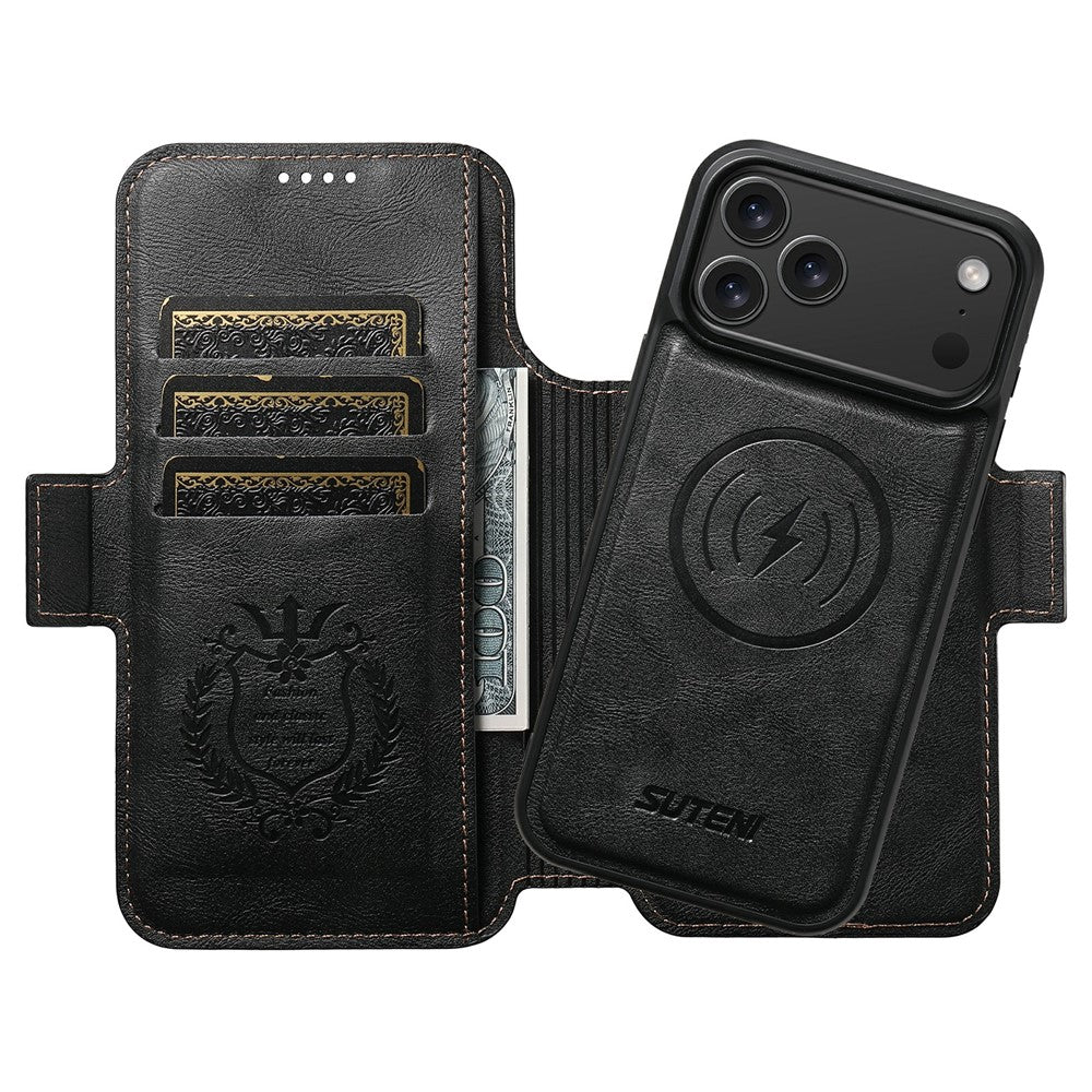 SUTENI Q-06 For iPhone 17 Pro Max Case Color Splicing Magnetic Detachable Leather Phone Cover - Black