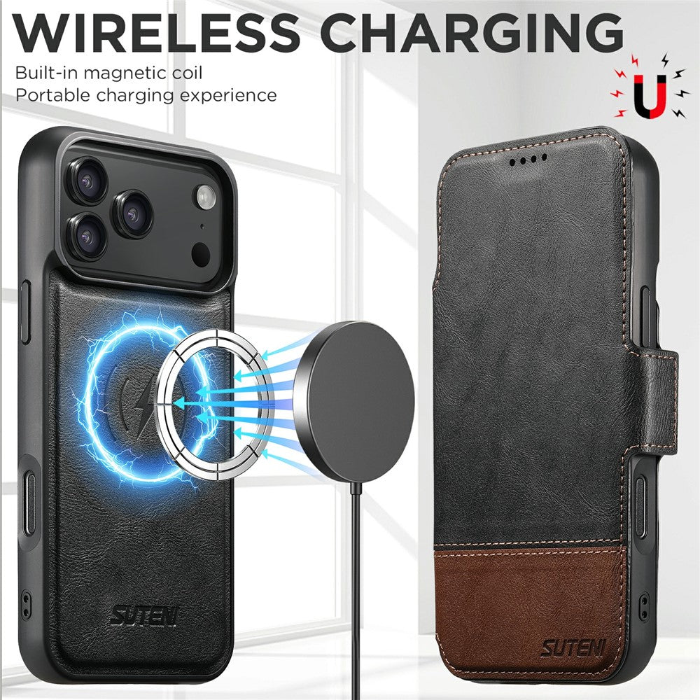 SUTENI Q-06 For iPhone 17 Pro Max Case Color Splicing Magnetic Detachable Leather Phone Cover - Black