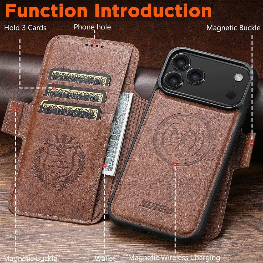SUTENI Q-06 For iPhone 17 Pro Max Case Color Splicing Magnetic Detachable Leather Phone Cover - Brown