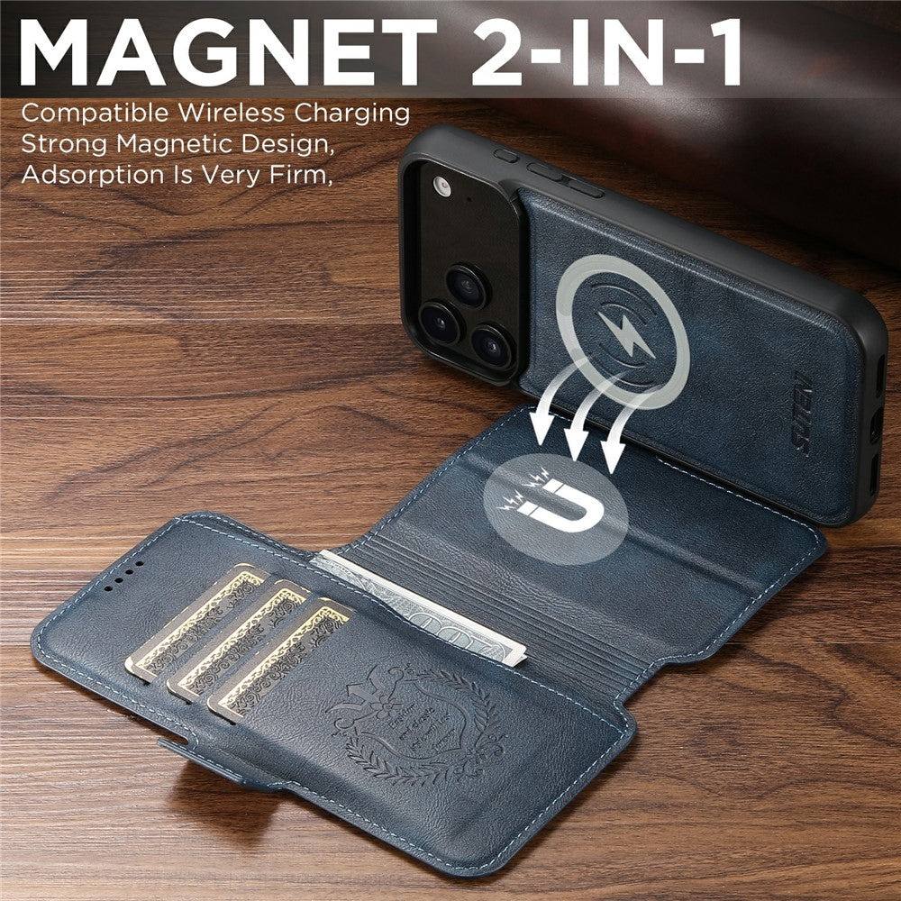 SUTENI Q-06 For iPhone 17 Pro Max Case Color Splicing Magnetic Detachable Leather Phone Cover - Blue