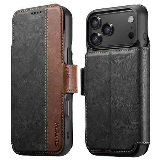 SUTENI Q-07 For iPhone 17 Pro Max Case Magnetic Color Splicing Cowhide Texture Leather Cover - Black