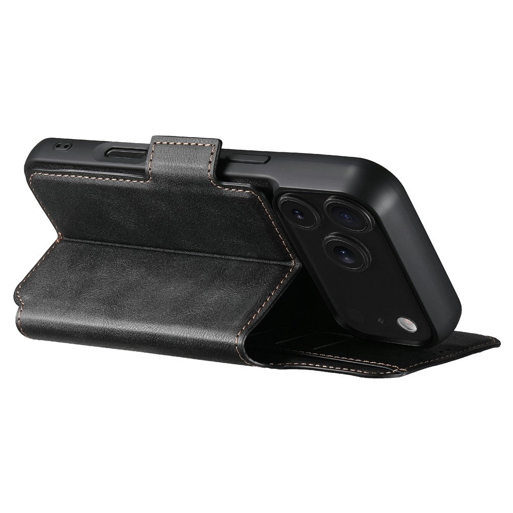 SUTENI Q-07 For iPhone 17 Pro Max Case Magnetic Color Splicing Cowhide Texture Leather Cover - Black
