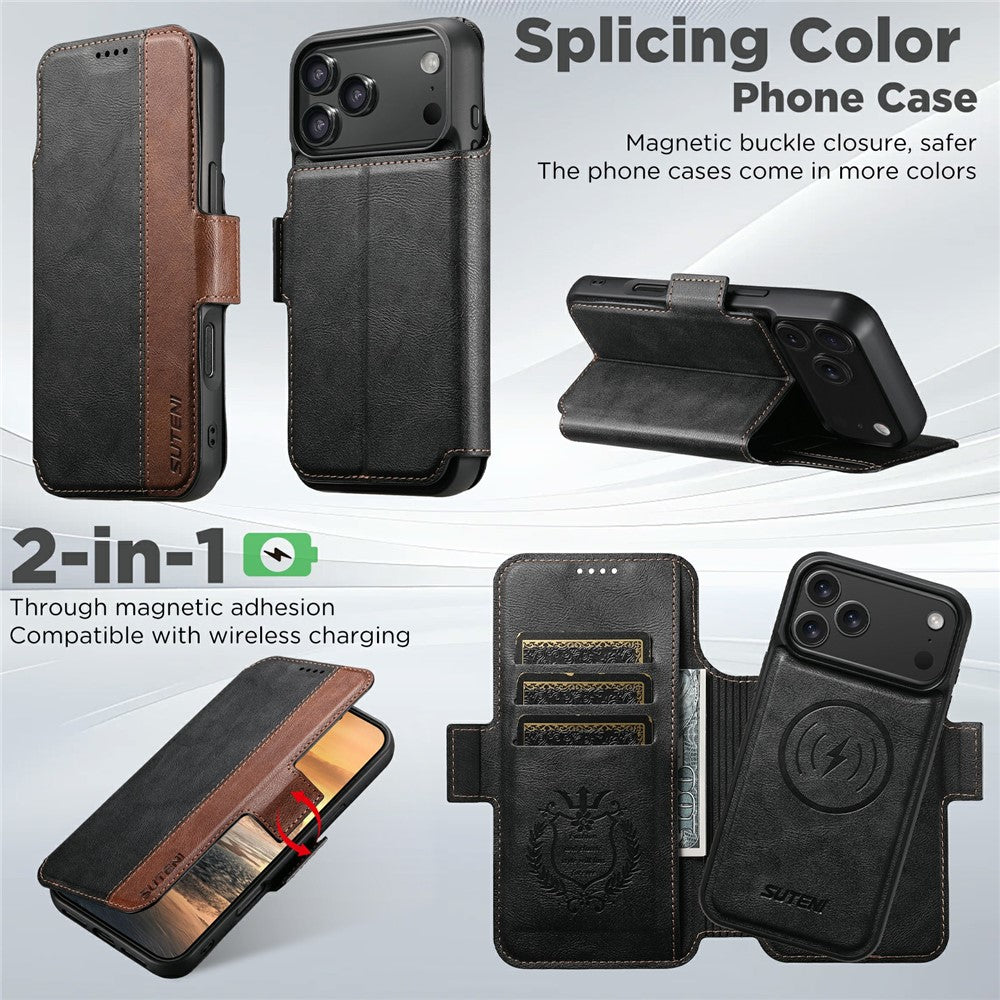 SUTENI Q-07 For iPhone 17 Pro Max Case Magnetic Color Splicing Cowhide Texture Leather Cover - Black