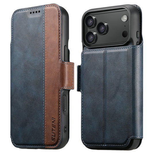 SUTENI Q-07 For iPhone 17 Pro Max Case Magnetic Color Splicing Cowhide Texture Leather Cover - Blue