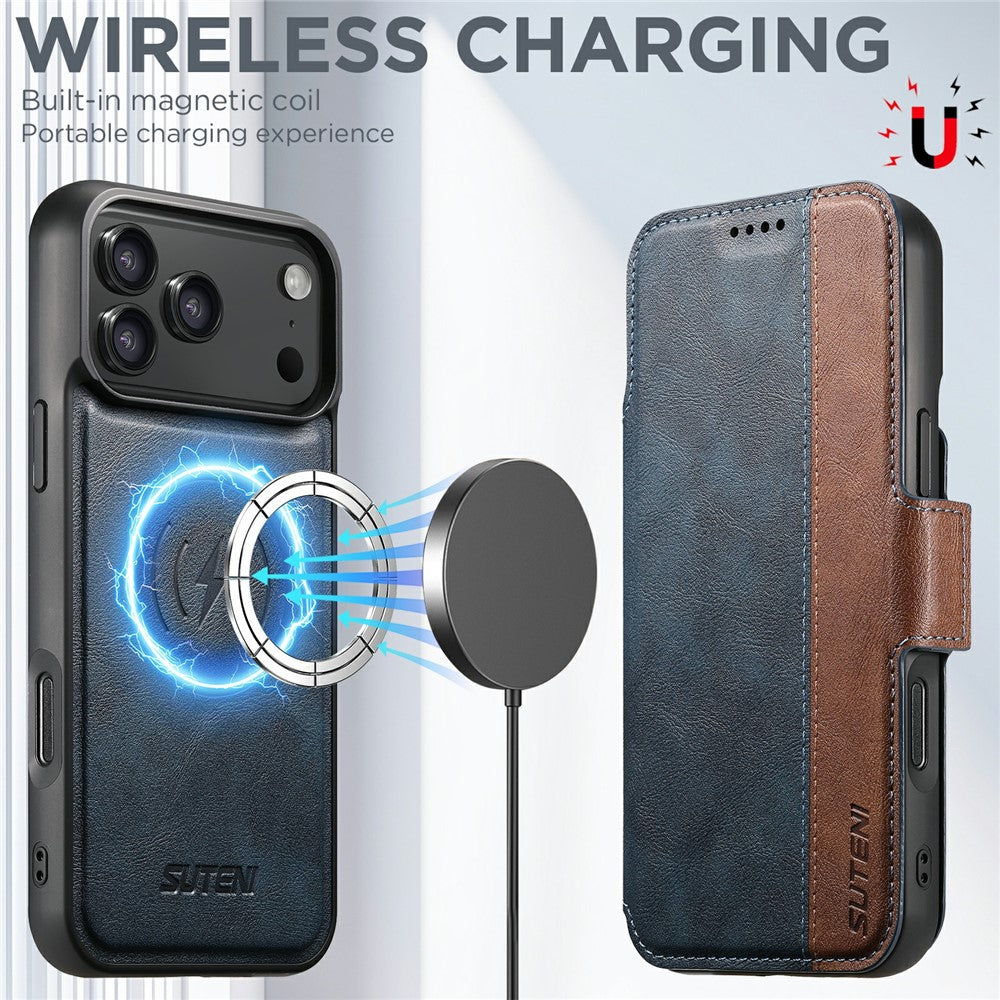 SUTENI Q-07 For iPhone 17 Pro Max Case Magnetic Color Splicing Cowhide Texture Leather Cover - Blue