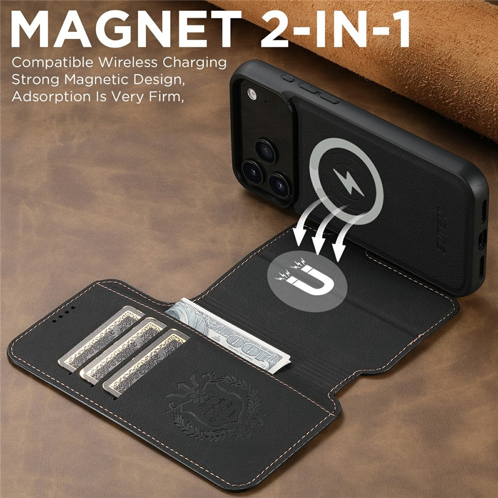 SUTENI Q-05 For iPhone 17 Pro Max Case Detachable Wallet Stand Litchi Texture Leather Flip Phone Cover - Black