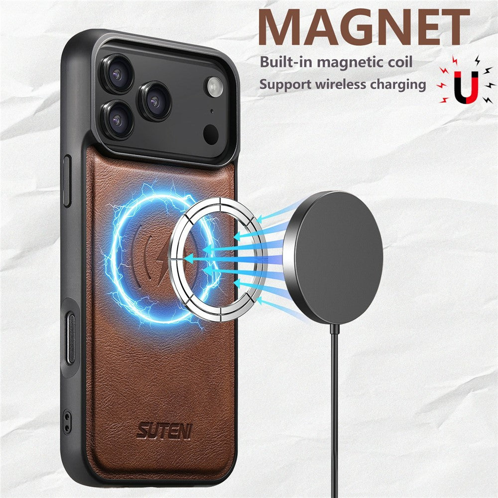 SUTENI G5 For iPhone 17 Pro Max Case Compatible with MagSafe Cowhide Texture Leather Back Cover - Brown