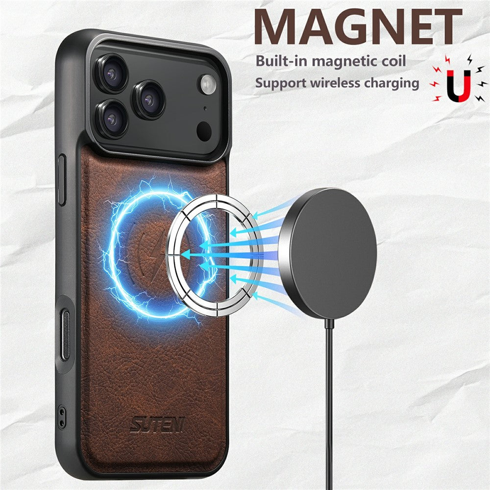 SUTENI G5 For iPhone 17 Pro Max Case Compatible with MagSafe Litchi Texture Leather Back Cover - Brown