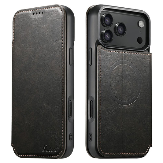 SUTENI J05 For iPhone 17 Pro Max Case Compatible with MagSafe Textured PU Leather Flip Phone Cover - Black