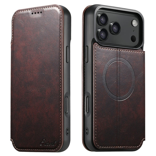 SUTENI J05 For iPhone 17 Pro Max Case Compatible with MagSafe Textured PU Leather Flip Phone Cover - Brown
