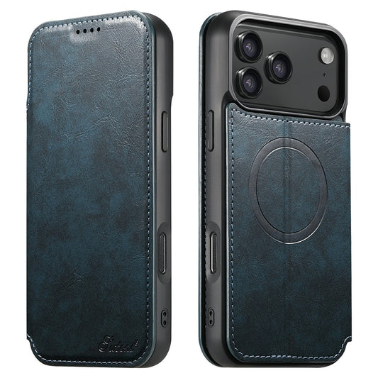 SUTENI J05 For iPhone 17 Pro Max Case Compatible with MagSafe Textured PU Leather Flip Phone Cover - Blue