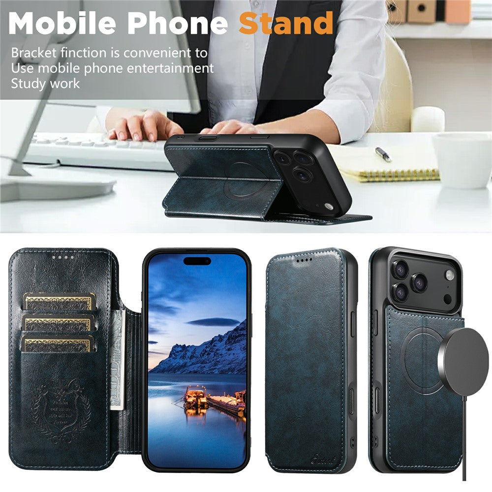 SUTENI J05 For iPhone 17 Pro Max Case Compatible with MagSafe Textured PU Leather Flip Phone Cover - Blue