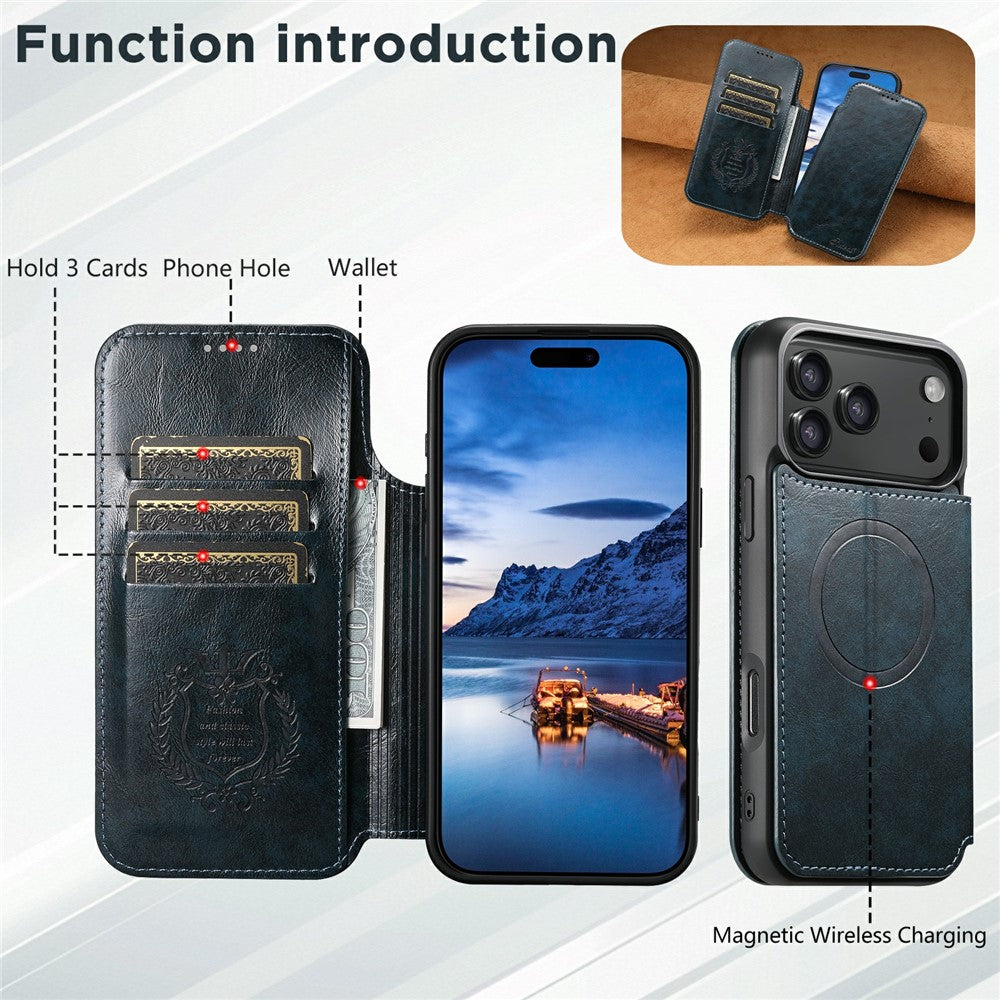 SUTENI J05 For iPhone 17 Pro Max Case Compatible with MagSafe Textured PU Leather Flip Phone Cover - Blue
