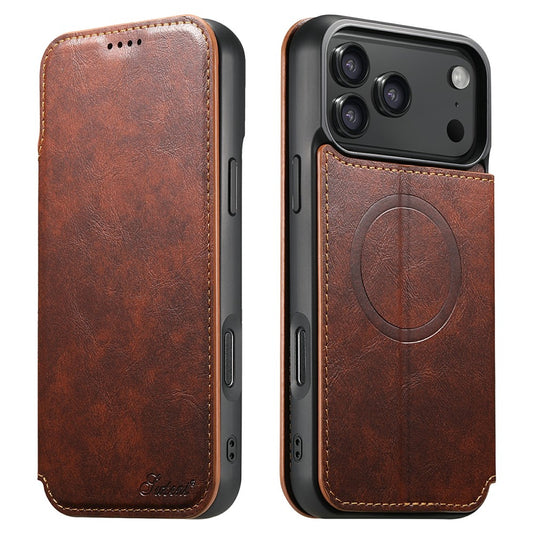 SUTENI J05 For iPhone 17 Pro Max Case Compatible with MagSafe Textured PU Leather Flip Phone Cover - Khaki