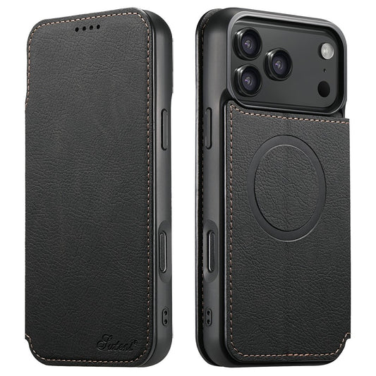 SUTENI J06 For iPhone 17 Pro Max Case Litchi Texture Leather Wallet Phone Shell Compatible with MagSafe - Black