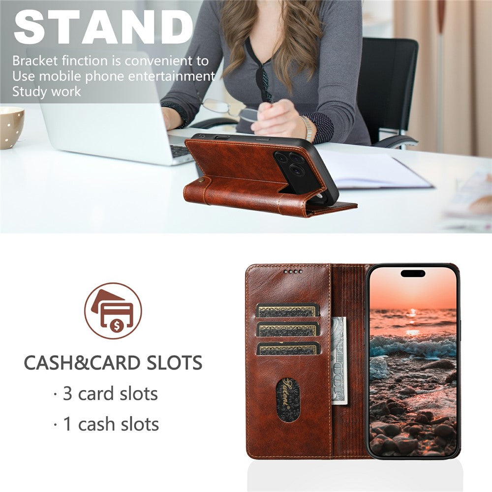 SUTENI For iPhone 17 Pro Max Case PU Leather Stand Wallet Phone Cover - Khaki